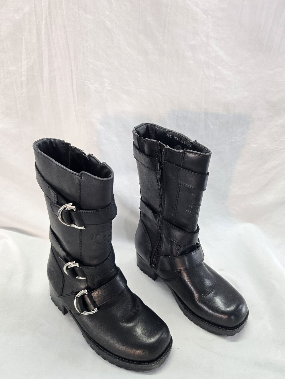Y2k Harley Davidson Women’s 7.5 Black Triple Buckle Zip Up Lug Sole Boot